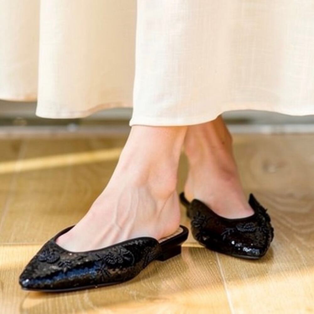 Report Black Beaded & Sequined Mules With Bamboo Insole